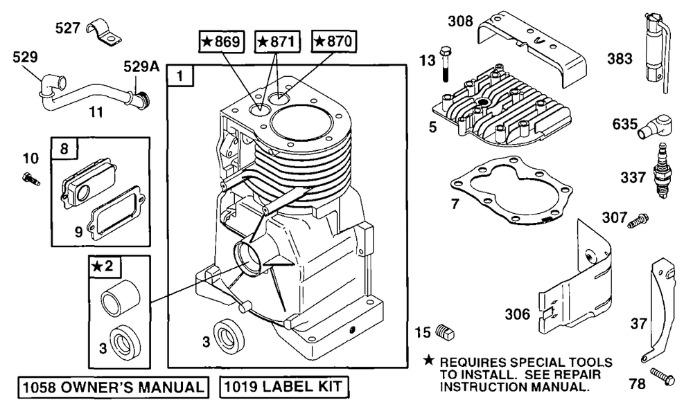 Cylinder, Head Diagram and Parts List for 90212-0216-01  Briggs and Stratton Engine